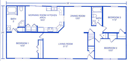 Floor plan of a rectangular home layout with three bedrooms, two bathrooms, a living room, dining room, and kitchen.