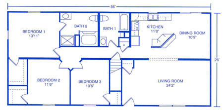 Floor plan for a single-story home featuring three bedrooms, two bathrooms, a living room, a kitchen, and a dining area.