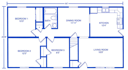 Floor plan for a rectangular single-story home featuring a living room, kitchen, dining room, bathroom, and three bedrooms.