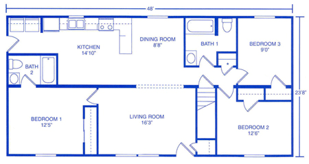 A blue-lined floor plan for a rectangular house, featuring a kitchen, living room, dining room, three bedrooms, and two baths.