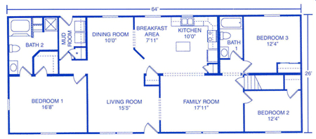 A floor plan layout of a rectangular house with three bedrooms, two bathrooms, a living room, a family room, and a kitchen.