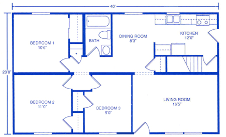 Floor plan of a single-story home with three bedrooms, a bathroom, kitchen, dining area, and living room.