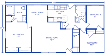 Floor plan of a single-story home with a living room, kitchen, dining room, three bedrooms, and two bathrooms.