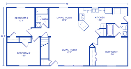 Floor plan of a three-bedroom house with one living room, one dining room, a kitchen, and two bathrooms.