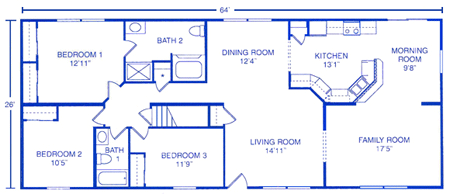 Floor plan of a rectangular 3-bedroom, 2-bath house with a living room, dining room, kitchen, and family room.