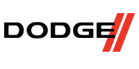 Dodge logo: Black text with two red angled stripes.