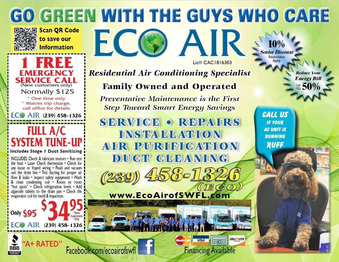 Eco Air HVAC ad with green background, service offers, phone number, and a man kneeling beside an air filter unit