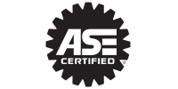 ASE Certified logo with black gear-shaped seal and white text
