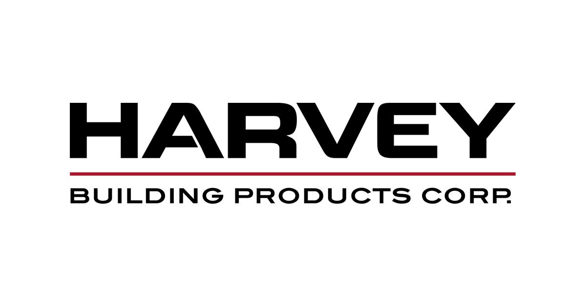 The harvey building products corp logo is black and red on a white background.