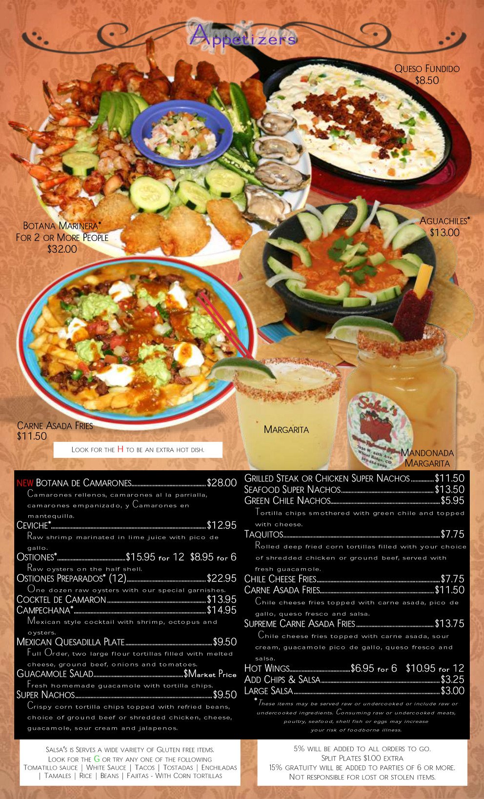 Full Menu Salsas Mexican Restaurant Wheat Ridge, CO