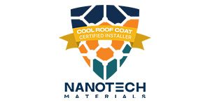 Nanotech Materials logo featuring a shield with orange and blue honeycomb patterns and text reading 