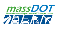 The MassDOT logo features blue and green text with icons representing highway, bus, car, bicycle, and aviation travel.
