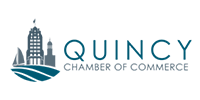 Logo for the Quincy Chamber of Commerce, featuring an icon of city buildings and a sailboat over teal waves.