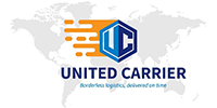 Logo for United Carrier featuring an orange motion graphic, a blue hexagon with the letters 