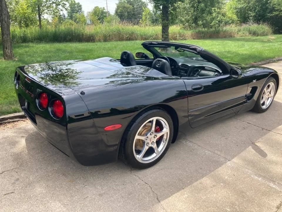 Black Corvette convertible parked on a paved surface, black interior, top down, silver wheels, green background.