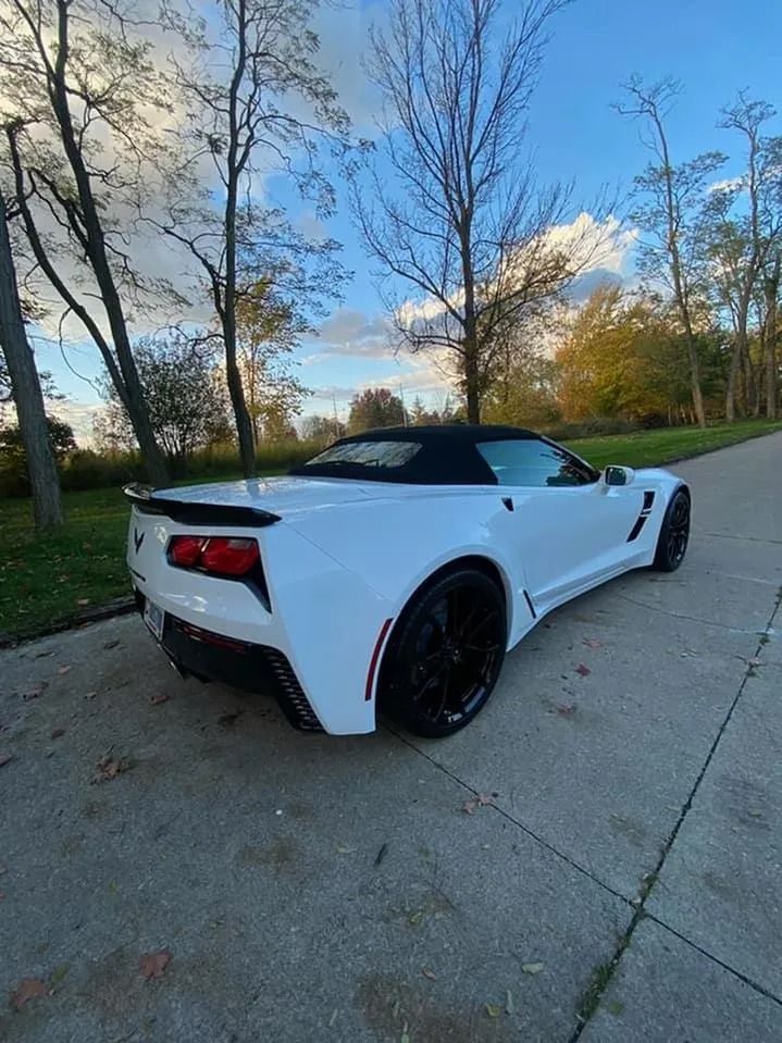 White convertible Corvette on a paved road, parked with the top down. Black wheels and spoiler. Trees in the background.