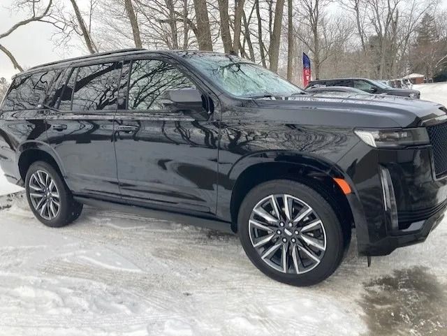 Black Cadillac Escalade SUV parked in a snowy area.