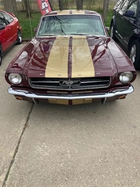 Maroon Ford Mustang with gold racing stripes parked on concrete.