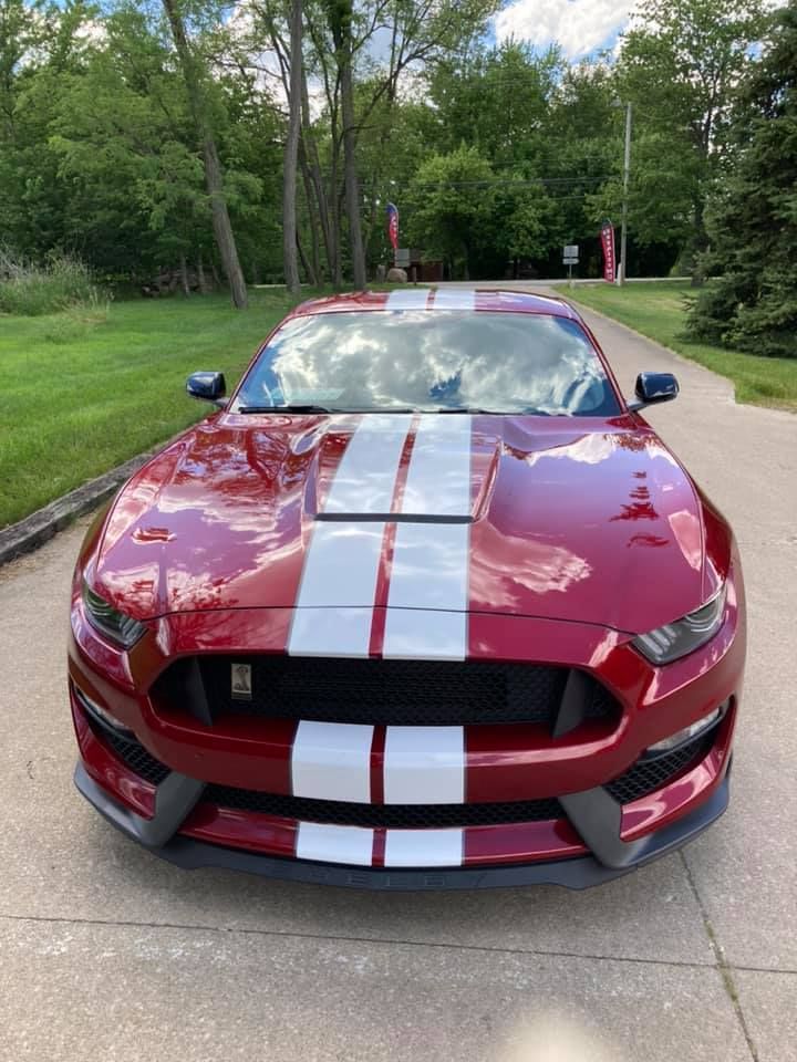 Red Ford Mustang Shelby GT350 with white racing stripes parked on a driveway.