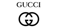 GUCCI logo with interlocking Gs in black on a white background