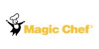 Magic Chef logo: chef in black suit, arms raised; yellow text 