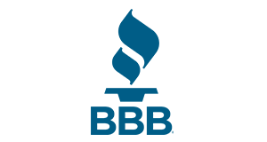 Blue BBB logo with torch icon and stylized letters on white background