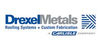 Drexel Metals roofing systems and custom fabrication logo with blue and gray text, Carlisle Company mark