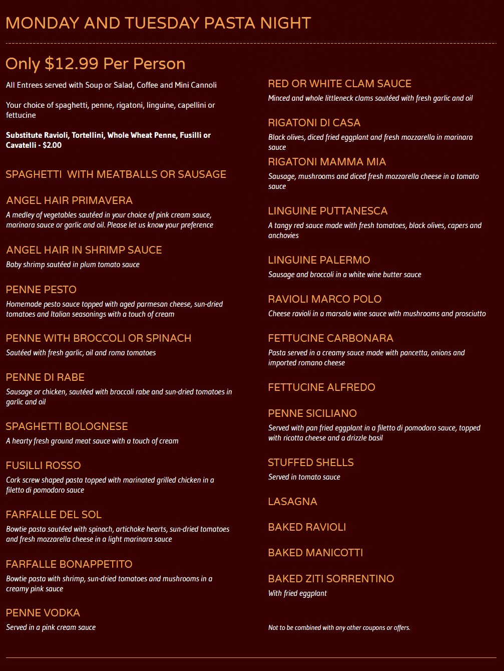 Bonappetito Pizzeria and Ristorante Pasta Night Menu Smithtown