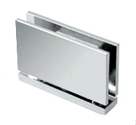 A close up of a stainless steel door hinge on a white background.
