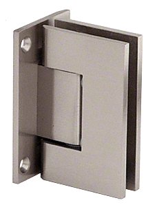 A close up of a stainless steel door hinge on a white background