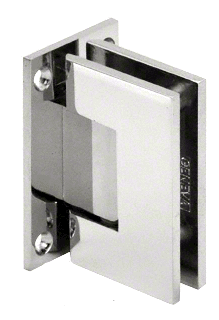 A close up of a stainless steel door hinge on a white background