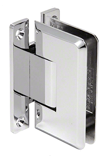 A close up of a chrome door hinge on a white background