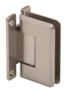 A close up of a stainless steel door hinge on a white background