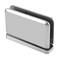 A close up of a stainless steel door hinge on a white background.