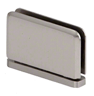 A close up of a stainless steel door hinge on a white background.