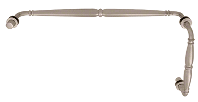 A stainless steel towel bar with two handles on a white background.