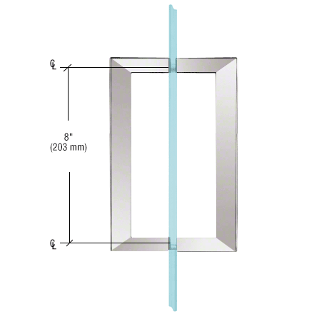 A drawing of a door handle with measurements on a glass door.