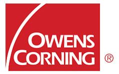 Owens Corning logo in white text on a red background with a white arc.
