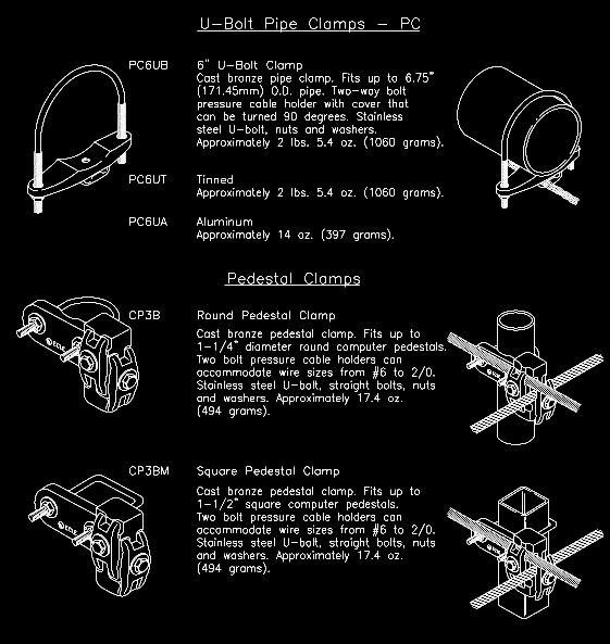 A black and white drawing of different types of pipe clamps