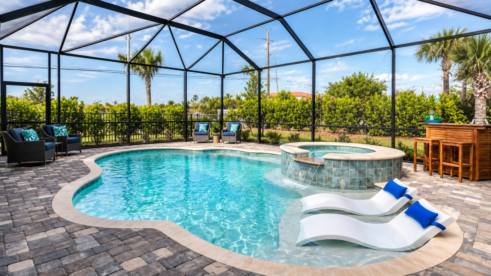 Swimming pool ladder beside clear blue water and tan pool deck