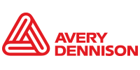 Red Avery Dennison logo: triangular shape with interwoven lines, right of 