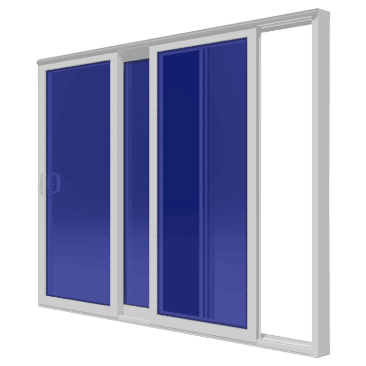 A sliding glass door with a blue screen on a white background.