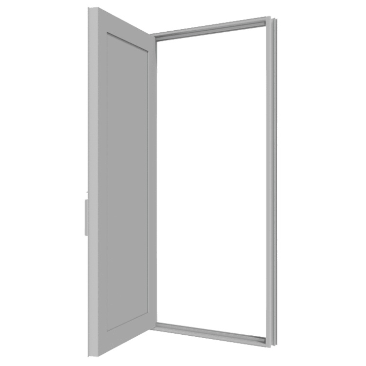 An open door with a white frame on a white background.