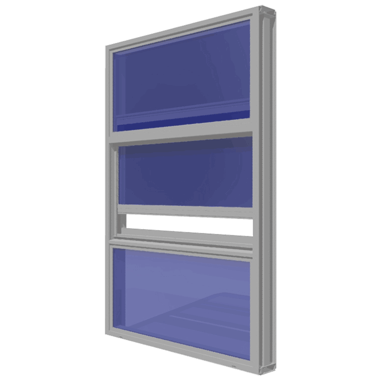 A 3d model of a window with blue glass on a white background.