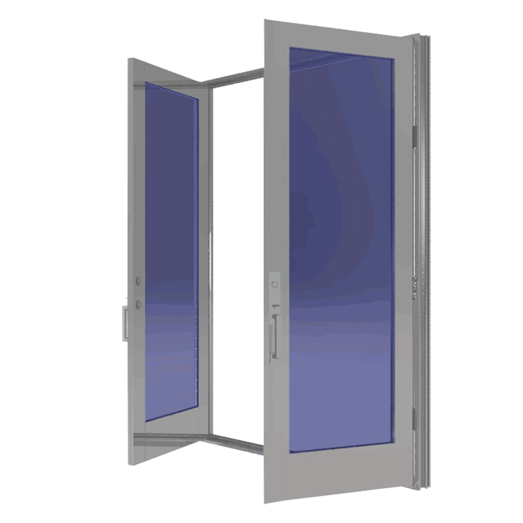 A 3d rendering of a sliding glass door with blue glass.