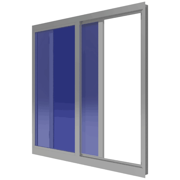 A sliding glass door with blue glass on a white background.