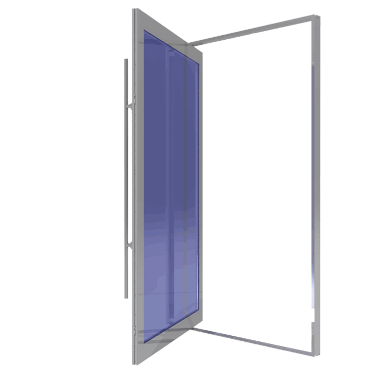 A 3d rendering of an open door with a blue glass panel.