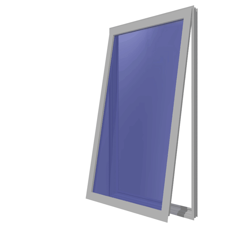 A window with a blue glass and a silver frame on a white background.