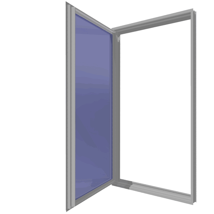 A 3d rendering of an open window with a blue glass.