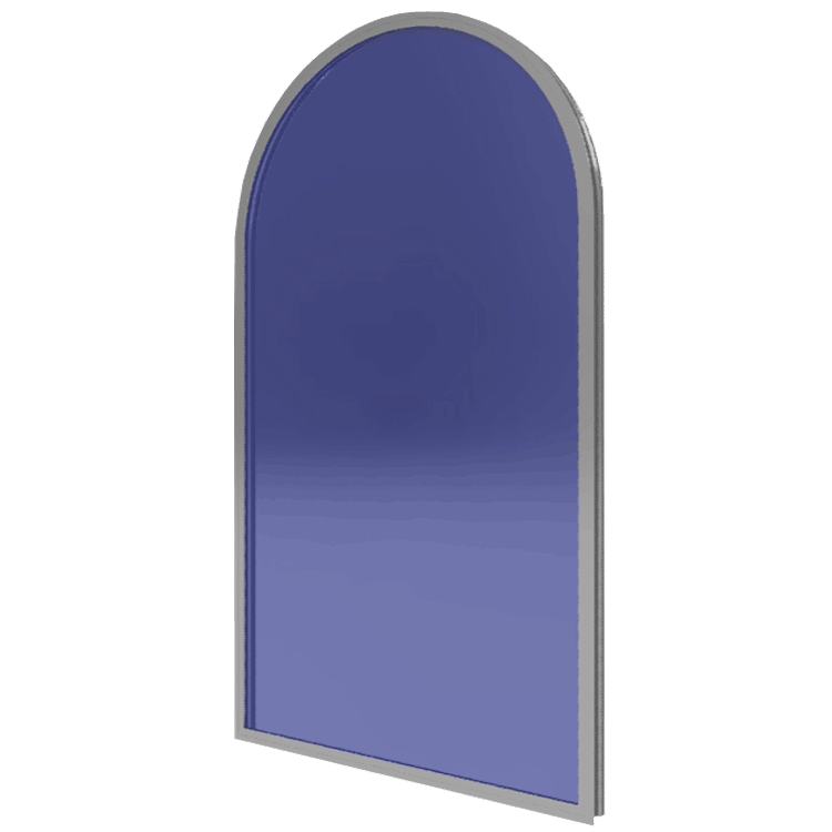 A blue mirror with a silver frame on a white background.